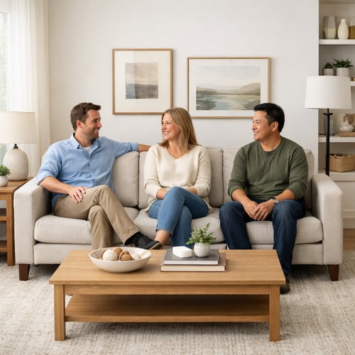 Three adults comfortably sitting on a light fabric sofa in a bright living room, showing how to choose sofa size for family or social use.