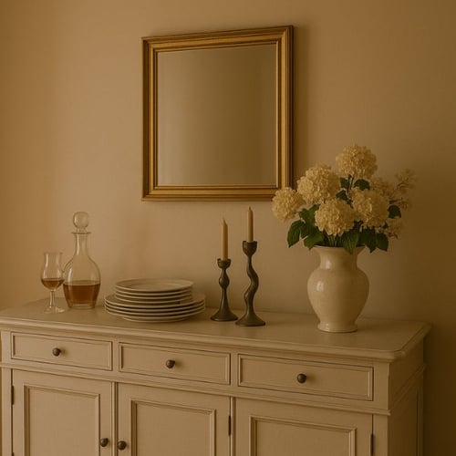 Classic way to dress a sideboard with vintage-style mirror, candles, and a hydrangea bouquet