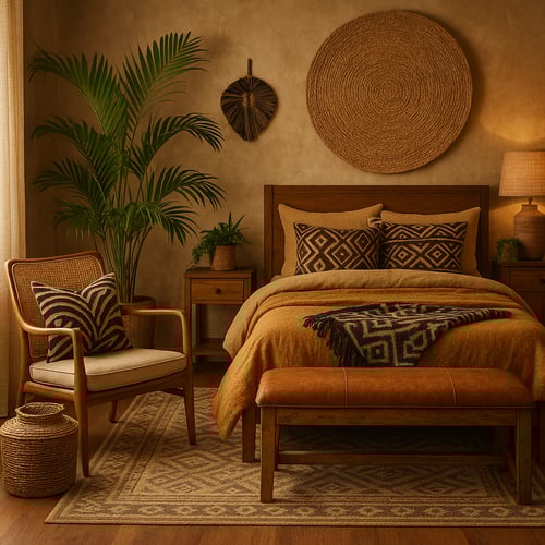 Warm-toned bedroom with wooden furniture, patterned cushions and indoor plants, showcasing boho-inspired bedroom furniture ideas for a cosy, earthy feel.
