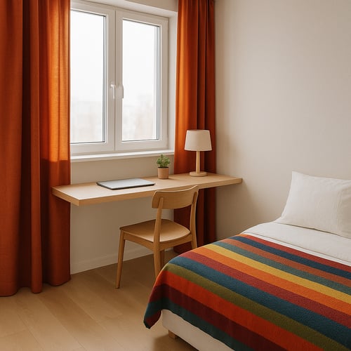 Minimalist bedroom featuring a built-in wooden desk under the window, paired with a wooden chair and bright orange curtains – ideal for modern bedroom layout ideas with desk space.