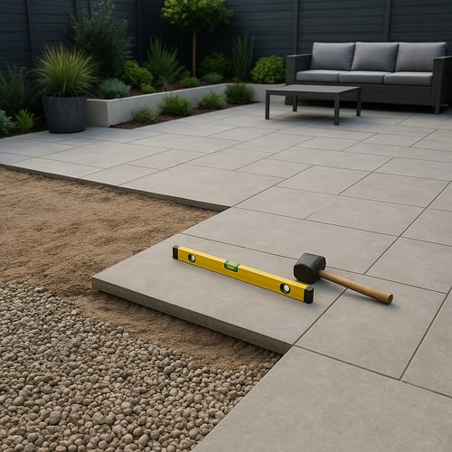 Close-up of garden slab installation in progress, showing grey patio slabs being levelled over sand and gravel – practical garden slab ideas for DIY paving projects.