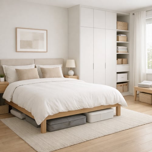 Minimalist bedroom decor idea with a clean white palette, underbed storage, fitted wardrobes and natural wood elements for a functional, tidy look.