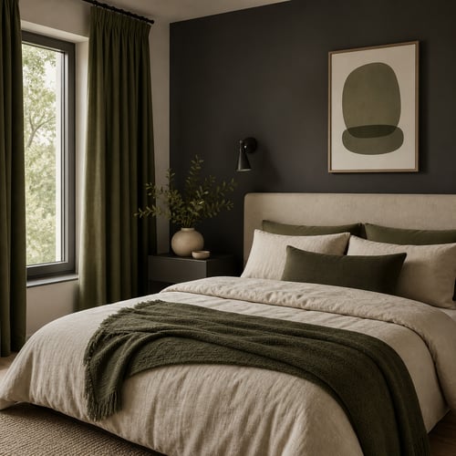 Cosy bedroom with dark feature wall, neutral bedding and soft lighting – stylish bedroom decorating ideas on a budget for a modern look.