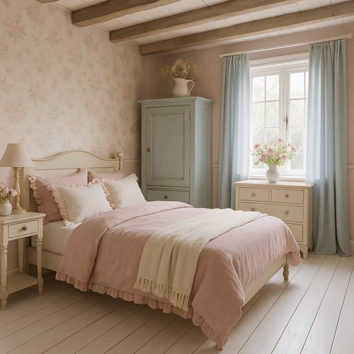 Stylowa cottagecore bedroom z kwiecistą tapetą, różową pościelą i błękitnymi zasłonami, pełna romantycznych i sielskich akcentów.