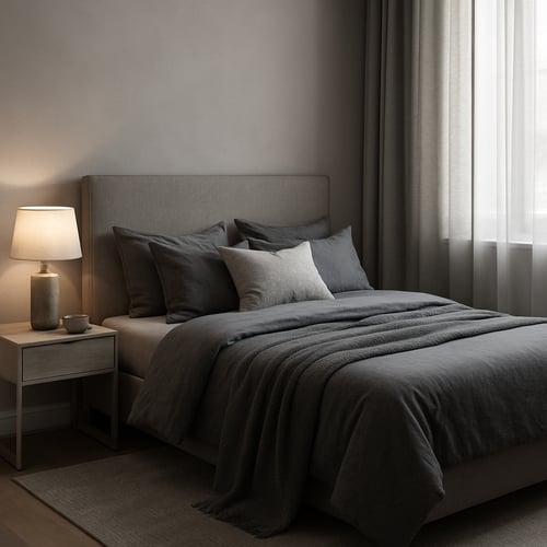 A cosy bedroom decorated in modern grey tones with layered bedding and soft lighting, showcasing elegant and calming bedroom colours ideas.