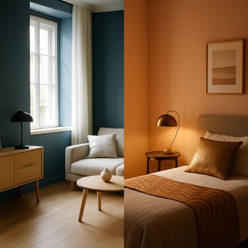 Contrasting bedroom colour ideas split between deep teal and warm peach walls with modern accents
