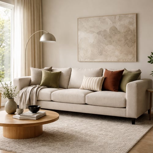 Beige fabric sofa with soft cushions and neutral decor, perfect for a cosy living room – fabric vs leather sofa comparison.