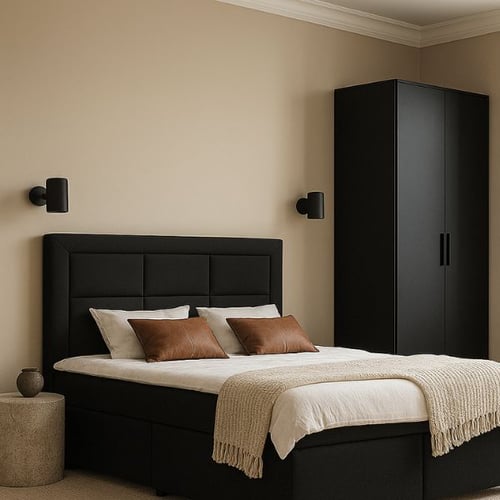  Beige bedroom with black bed frame and wardrobe