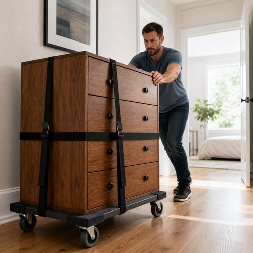 Man pushing a chest of drawers on a wheeled dolly with securing straps – example of how to move heavy furniture without lifting.