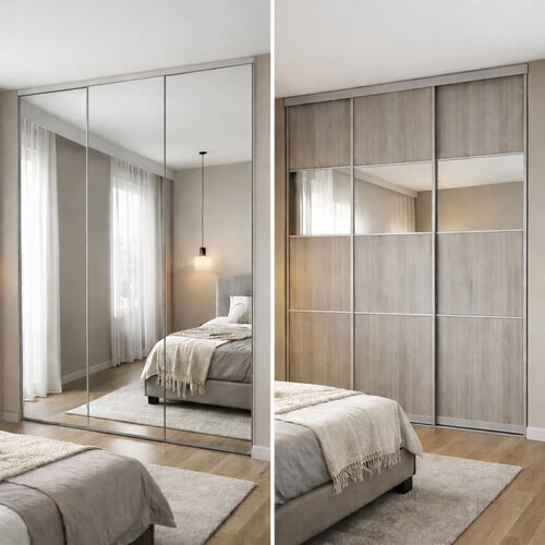 Modern bedroom with mirrored wardrobes on one side and a second wardrobe with a wood-effect and partial mirrored panels, both enhancing the sense of space and light.