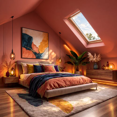 Colourful modern loft bedroom with bold terracotta walls, skylight, statement artwork and layered textiles – vibrant example of creative loft bedroom ideas.