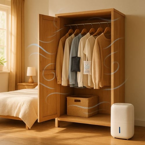 Open wooden wardrobe with clothes, dehumidifier, and air fresheners