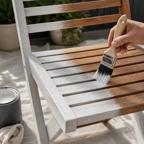 Close-up of hand applying paint to a wooden chair with a brush, demonstrating how to paint garden furniture step by step.