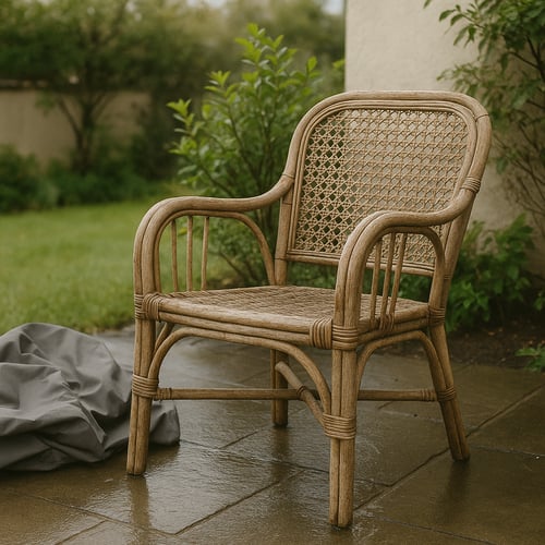 Clean rattan chair drying outside on a patio after being washed – an important final step in how to clean rattan furniture properly and prolong its life.