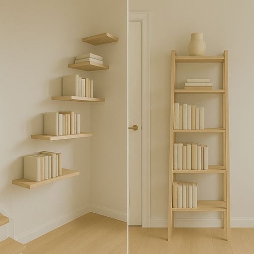 Minimal bookshelf ideas with light wood ladder and corner-mounted floating shelves