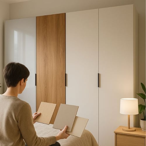 Person comparing color samples in front of a modern built-in wardrobe with mixed finishes