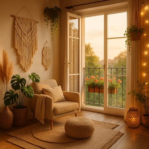 Cosy living space with open French doors leading to a Juliet balcony decorated with flower boxes - a charming way to show what is a Juliet balcony in small apartments.