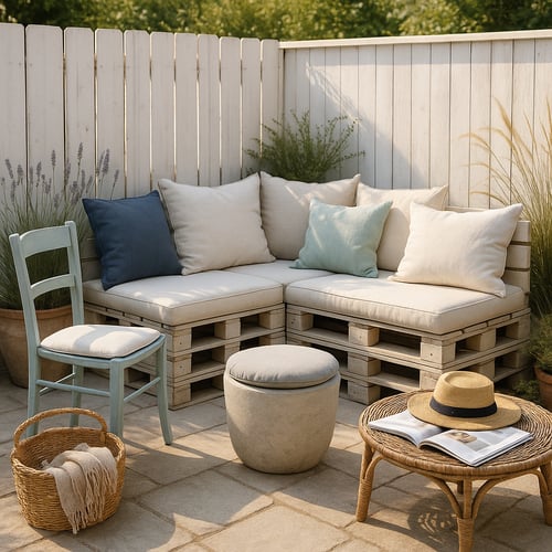 Contemporary small garden corner featuring a sleek L-shaped bench with grey cushions, a low fire pit table, and surrounding potted greenery - modern take on small corner garden seating ideas.