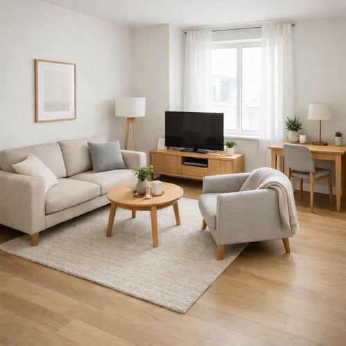 Bright and cosy small apartment living room with a beige sofa, light grey armchair, and compact wooden furniture — perfect for small apartment ideas focused on simplicity and functionality.
