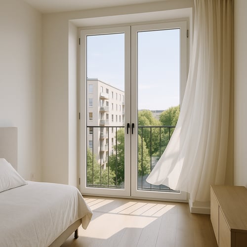 Modern Juliet balcony viewed from a bright bedroom with floor-to-ceiling doors and minimalist metal guardrail - illustrating what a Juliet balcony looks like in contemporary flats.