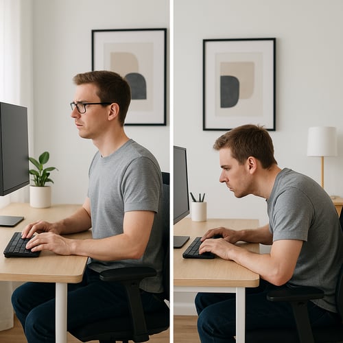 Side-by-side comparison of correct and incorrect sitting posture at a desk, showing how desk height affects ergonomic positioning.
