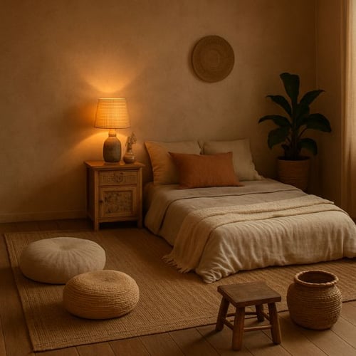 Cozy Boho Bedroom with Floor Cushions and Warm Lighting