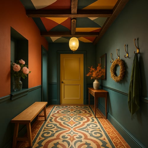 Bold hallway idea with a vibrant patterned floor, mustard yellow door, dark teal walls, statement ceiling panels and autumnal décor for a dramatic entrance.
