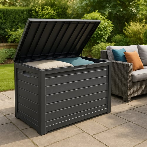 Weatherproof outdoor storage box filled with garden cushions on a patio - a practical and tidy example of how to store outdoor cushions in summer.