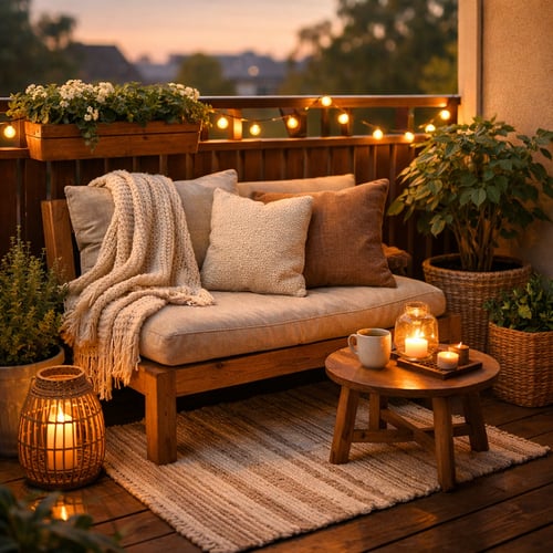 Small balcony ideas – cosy balcony seating with cushions, blankets, fairy lights and candles creating a warm evening atmosphere.