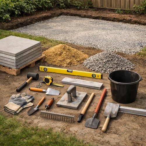 How to lay a patio – essential tools and materials including slabs, sand, gravel and levelling tools prepared for patio installation.