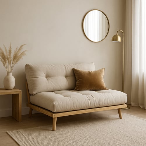 Minimalist futon sofa with a light beige cushioned seat and wooden frame, styled with a velvet cushion in a calm neutral interior — a great example to illustrate what is a futon and how it functions as casual seating.