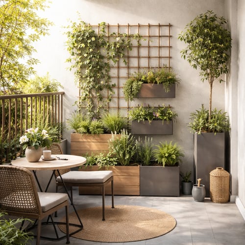 Ideas for terrace garden – small balcony garden with vertical planters, trellis and cosy seating creating a green urban retreat.