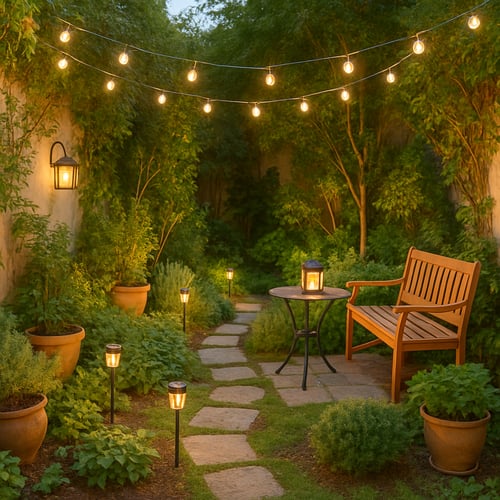 Small garden with a neatly trimmed lawn, compact wooden patio furniture and lush potted plants, showing practical small garden ideas for relaxing outdoor spaces.