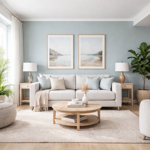 Light and airy living room featuring a grey sofa paired with soft blue, cream and beige accents, demonstrating what colours go with grey sofa in a calm coastal palette.
