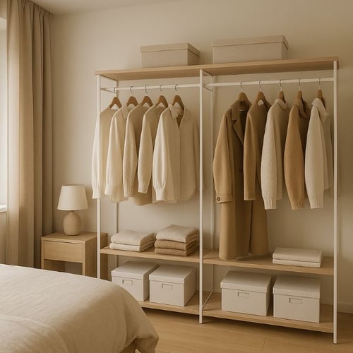 Neutral open wardrobe with beige and cream tones