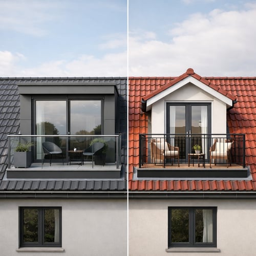 Loft balcony ideas – comparison of modern and traditional loft balconies with outdoor chairs, railings and compact seating areas.