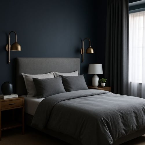 Dark grey bedroom with gold wall lamps, wooden nightstands, and layered grey bedding