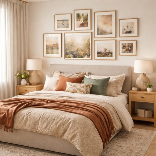 Bright and cheerful bedroom decor idea featuring a soft neutral bed, mix of terracotta and sage pillows, and a gallery wall with nature-themed prints.
