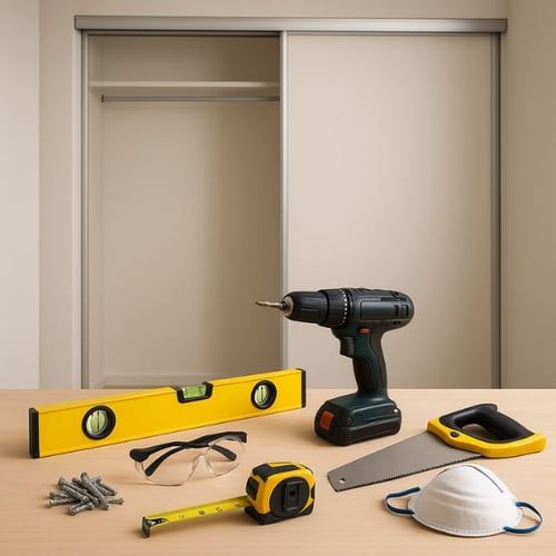 Tools and safety gear for fitting sliding wardrobe doors, including drill, level, saw, screws, tape measure, and goggles