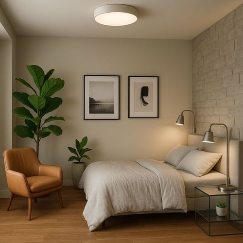 Minimalist bedroom with beige upholstered bed, wall-mounted reading lamps, potted plants, and tan armchair