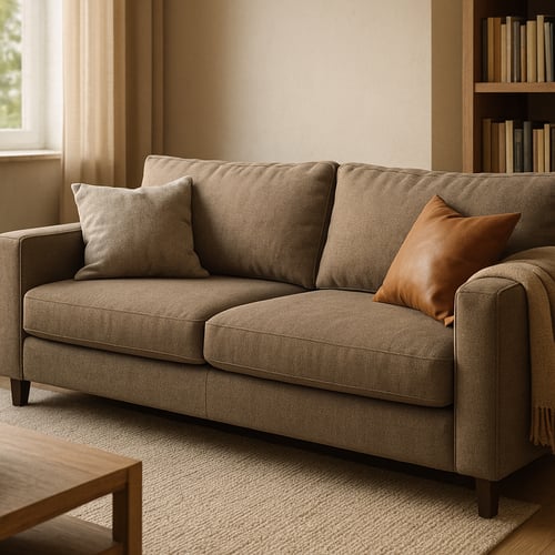 Close-up of a brown two-seater sofa with textured fabric and mixed-material cushions, demonstrating how to choose a durable sofa fabric for a warm and timeless living room.