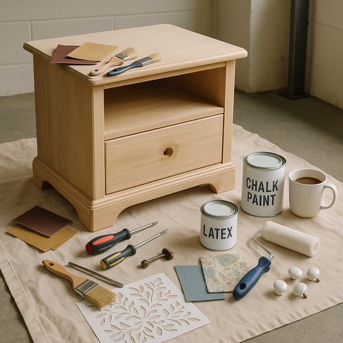 Unfinished wooden bedside table surrounded by paint, brushes, screwdrivers and stencil tools – a perfect start for creative upcycled bedside tables projects.