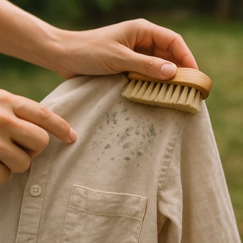 Hand brushing off mould stains from a shirt