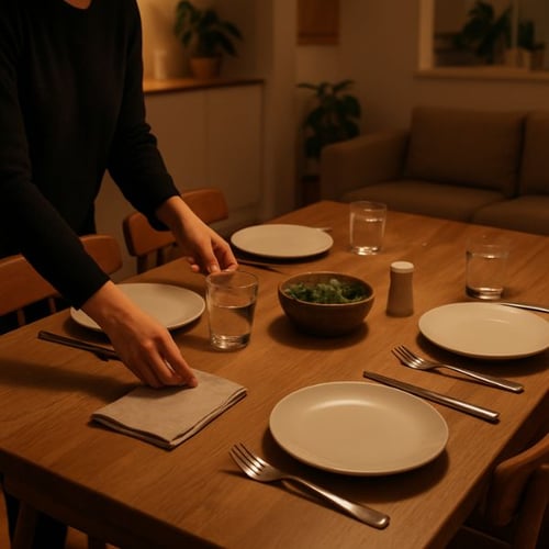 Person setting a casual dinner table with plates, cutlery, and water glasses