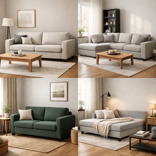 Four living room setups showing different compact settees and larger sofas, illustrating size and style differences in the settee vs sofa comparison.