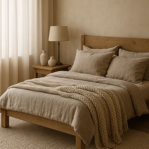 Cozy neutral bedroom with wood frame bed