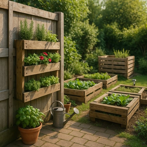 Creative pallet garden ideas in action – repurposed wooden pallets turned into vertical planters, raised beds and a compost bin in a lush garden setting.