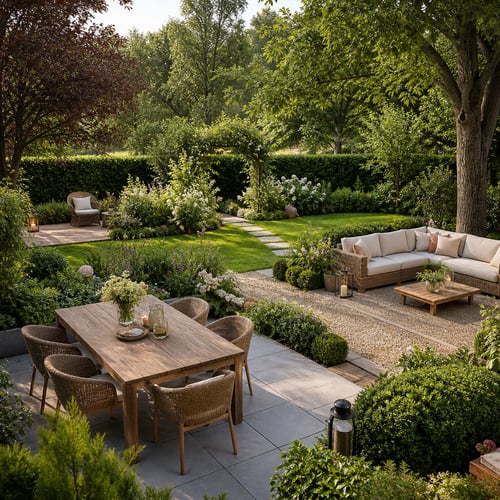 Spacious landscaped garden with dining table, lounge seating and multiple relaxation zones – inspiring garden seating ideas for large outdoor areas.