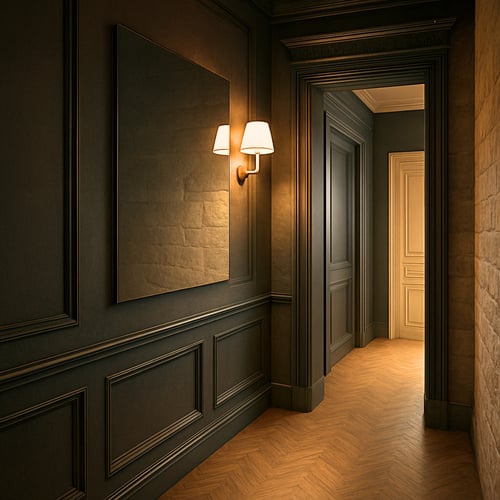 Minimalist rectangular hallway mirror in a dark panelled corridor, lit by a traditional wall sconce — a dramatic and elegant take on hallway mirror ideas for period homes.