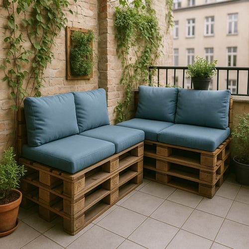 Stylish patio pallet furniture set with blue cushions arranged in an L-shape on a tiled urban balcony, surrounded by potted greenery and vertical wall plants.